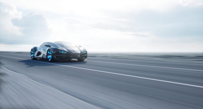 Black,Futuristic,Electric,Car,On,Highway,In,Desert.,Very,Fast
